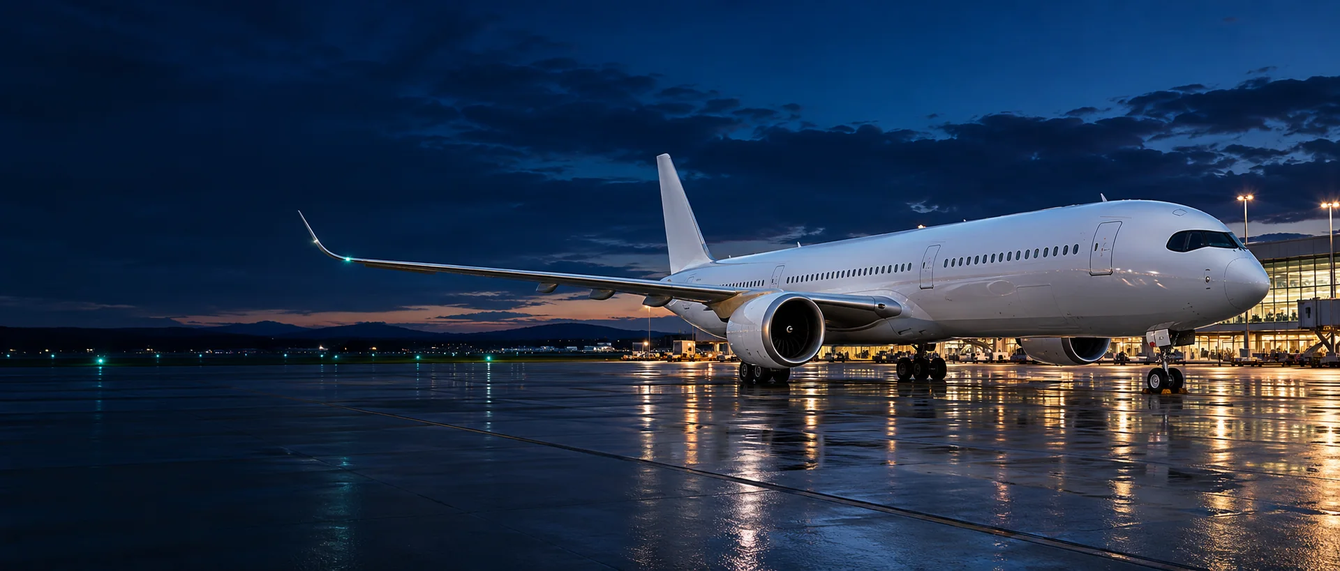 Unbranded passenger aircraft on an airport apron at blue hour
