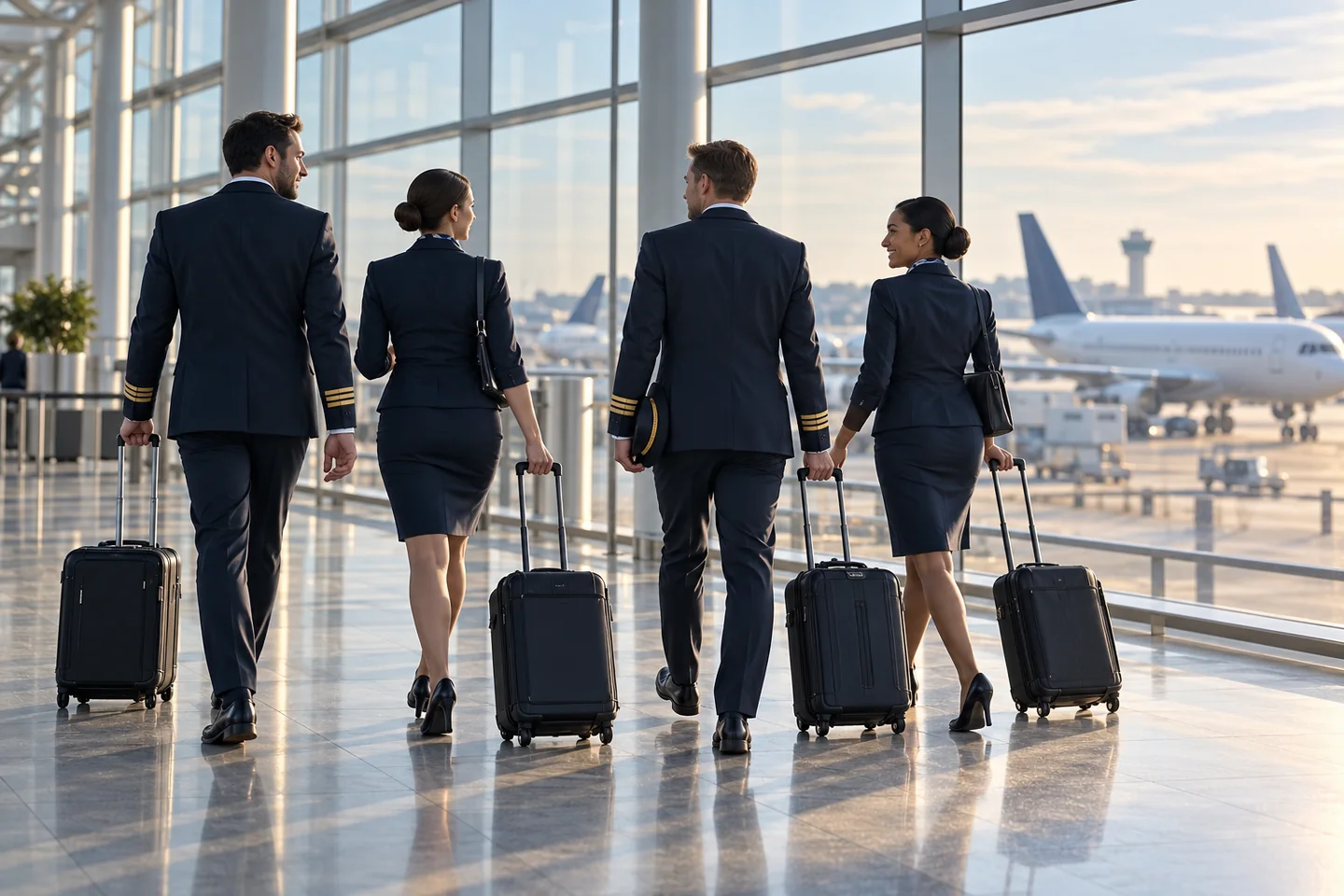 Airline crew walking through an airport concourse