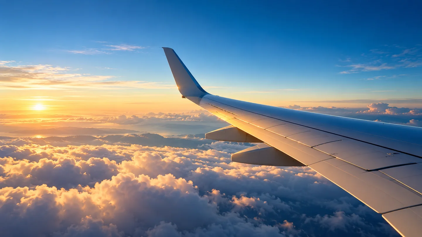 Aircraft wing over clouds at sunrise